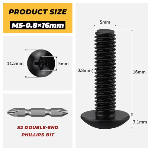 100pk M5 x 16mm Black Truss Head Machine Screws, 304 SS + Bit - size: M5-0.8 x 16mm