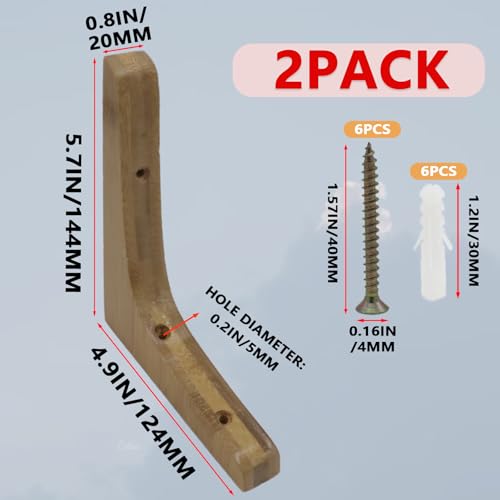 2-Pack Solid Wood Triangle Shelf Bracket 4.9x5.7in L-Shape Corbel - size: 4.9*5.7"