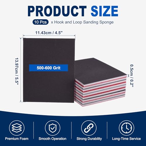 10Pcs 500-600Grit Sanding Sponges, 5.5x4.5In Hook & Loop Black - size: 500-600 Grit