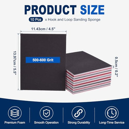 10Pcs 500-600Grit Sanding Sponges, 5.5x4.5In Hook & Loop Black - size: 500-600 Grit
