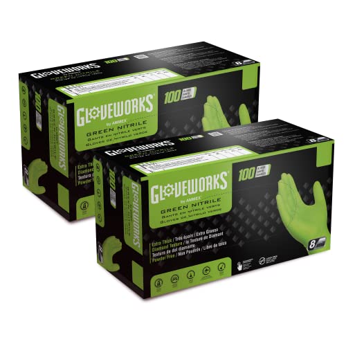 GLOVEWORKS Green Nitrile Gloves 8 Mil Heavy Duty Texture Medium, 200 - size: Medium, style: 2 Boxes of 100