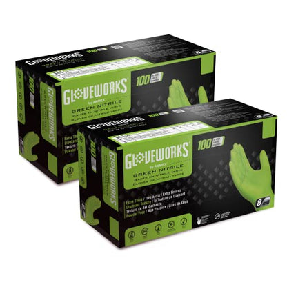 GLOVEWORKS Green Nitrile Gloves 8 Mil Heavy Duty Texture Large, 200 - size: Large, style: 2 Boxes of 100