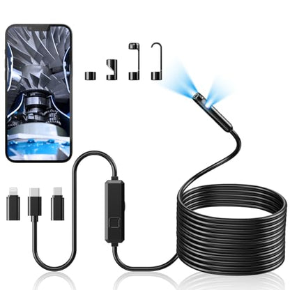 Acoath Endoscope Camera with Light, Dual-Lens 1920P HD Borescope with 8 Adjustable LED Lights, IP67 Waterproof Boroscope Inspection Tools, 33ft Semi-Rigid Snake Camera for iOS & Android - size: 33FT Snake Camera