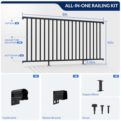 Egadis 4 Pack 42 in x 8 ft Aluminum Porch and Deck Railing Kit Without Post - color: Level 8ft - 4 Panel