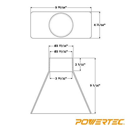 POWERTEC 70151V 4 in. x 10 in. Dust Hood Rectangular Funneled Shape - size: 10" x 4" x 9"