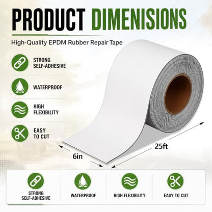 Pushglossy 6" x 25ft Epdm Rubber Roofing Seam Butyl Tape 50 Mil, White - color: White, size: 6 Inch X 25 Feet