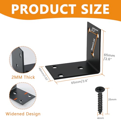 Alise 4Pcs Black Stainless Steel L Brackets Heavy Duty for Wood Furniture - color: Matte Black, size: 65x65MM