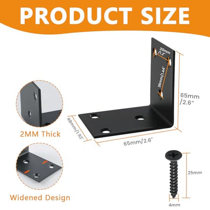 Alise 4Pcs Black Stainless Steel L Brackets Heavy Duty for Wood Furniture - color: Matte Black, size: 65x65MM