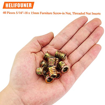 5/16-18 Threaded Inserts, Wood Inserts, Steel Threaded Inserts for Wood Furniture Screw, HELIFOUNER 40 Pieces 5/16”-18 x 15mm Threaded Inserts with Hex Wrench for Wood Furniture - size: 5/16"-18 x 15mm