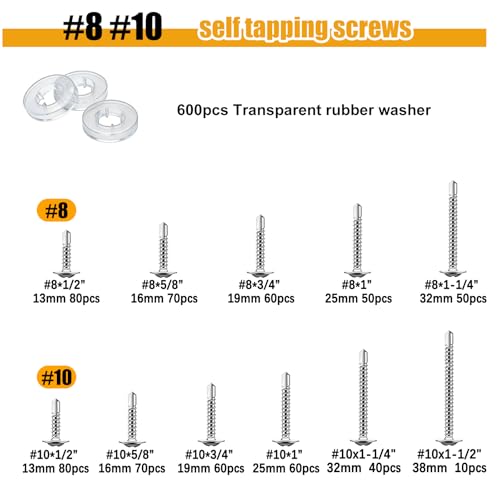 weideer 1220pcs #8#10 Self Tapping Screws for Metal,410 Stainless Steel Sheet Metal Screws Assortment Kit, Truss Head Quick Tapping Self Drilling Screw with Rubber Washer (610 Sets) - size: SV 1220PCS #8#10 Kit