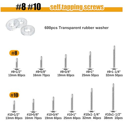 weideer 1220pcs #8#10 Self Tapping Screws for Metal,410 Stainless Steel Sheet Metal Screws Assortment Kit, Truss Head Quick Tapping Self Drilling Screw with Rubber Washer (610 Sets) - size: SV 1220PCS #8#10 Kit