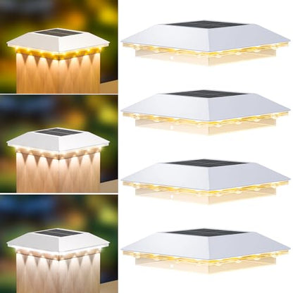 Mlambert 4 Pack 4x4 Solar Post Light, 3 Modes Wooden Vinyl Fence Cap, White - color: White, size: 4 Pack