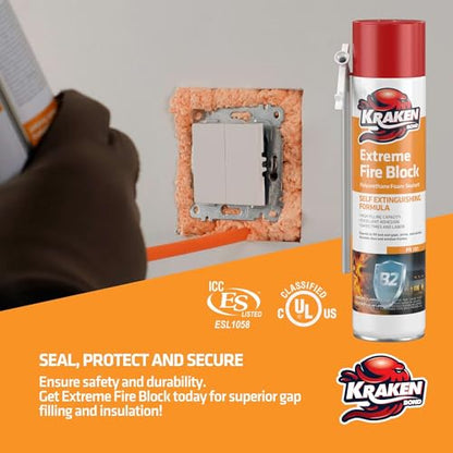 Kraken Bond Extreme Orange Fire Block Foam - (24x24oz) Fire Rated Polyurethane Spray for Gap Filling, Sealing on Windows, Walls, Joints & Pipes, Straw Use High Expansion Fire Proof Foam - 24 Pack - size: 24 Pack