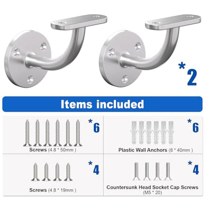 Handrail Bracket, 2 Pack Wall Mounted Handrail Bracket Stainless Steel 304 Brushed Finish Hand Rail Railing Holder for Stairs, Bathroom, Banister with Screws - size: Stainless Steel 304, style: 2 Pack