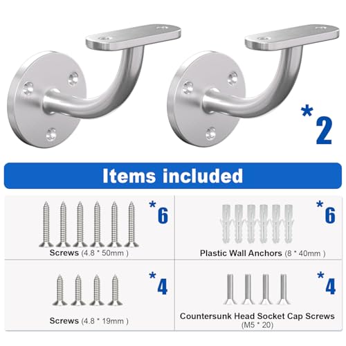 Hand Rail Brackets for Stairs, 2 Pack Stainless Steel 316 Marine Grade Wall Mount Handrail Bracket for Wood & Metal Stair Railing, Support Flat Surface Square Tube, Brush Finish - size: Stainless Steel 316, style: 2 Pack