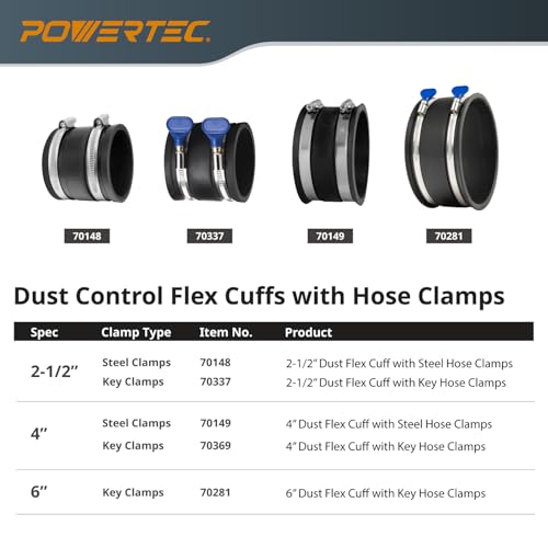 POWERTEC 70149-P2 4 Inch Dust Control Flex Cuff with Steel Hose Clamps, Hose Connector Rubber Cuff Coupler for Woodworking Dust Collection Fittings, Dust Collector Accessories & Machinery, 2 pack - size: 4", 2PK