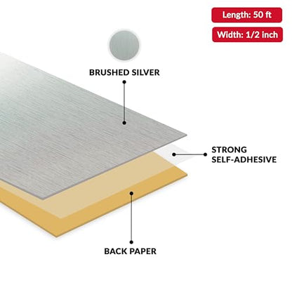 Brushed Silver PVC 1/2 inch x 50 ft Edge Banding Peel Stick Tape Adhesive Metal Edging Veneer Aluminum Trim Flexible Strip Molding MDF Wood Cabinet Laminate Shelf Furniture Countertop Formica Plywood - color: Brushed Silver, size: 1/2 inch x 50 ft