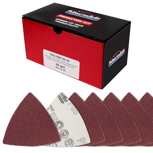ProductionShop Premium 80 Grit Triangle Mouse Detail Sander Sandpaper Sheets, Box of 45 - Hook & Loop, Triangular Shaped Mouse Disc Pads - Oscillating Multi-Tools - Woodworking, Sand Furniture Paint - style: 80 Grit