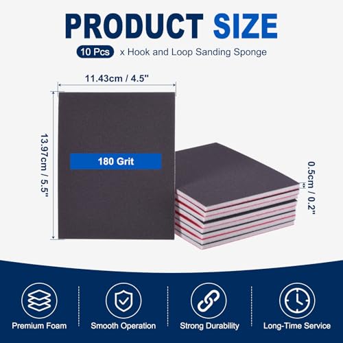 10Pcs 180Grit Sanding Sponges, 5.5x4.5In Hook & Loop Black - size: 180 Grit