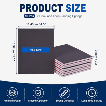 10Pcs 180Grit Sanding Sponges, 5.5x4.5In Hook & Loop Black - size: 180 Grit
