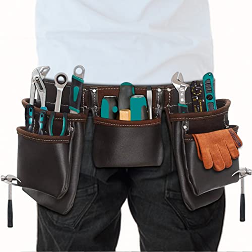Leather Tool Belt Pouch Bag, Comfort Back Support Tool Pouches with Suspenders for Construction,Framers,Carpenter,Handyman (Black, Extra Large)30" waist size up to 56" (12 POCKET BROWN) - size: 12 Pocket Brown