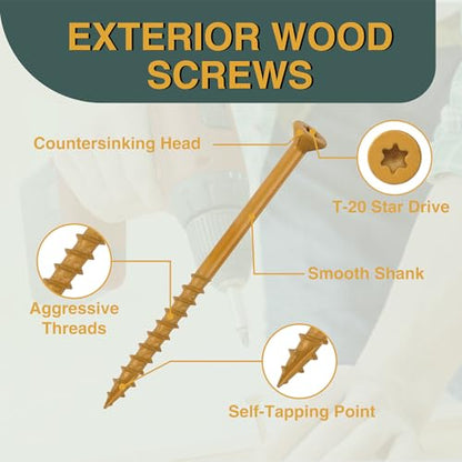 T.K.Excellent Deck Screws 2 Inch Wood Screws #8 x 2, 630 Pcs, Rust Resistant Structural Screws Tan Exterior Fence Screws Torx Drive Screws, Two T20 Bits, Brilliant Yellow Ruspert Coating Rust Proof - size: #8×2