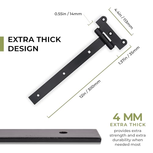 12" Black Door Hinges – 2Pcs Gate Hinges with 12 Mounting Screws – Medium/Heavy Duty 4mm Thick Iron Construction with Black Powder Coating – Ideal for Gates, Sheds, Barns