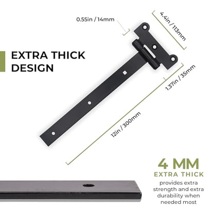 12" Black Door Hinges – 2Pcs Gate Hinges with 12 Mounting Screws – Medium/Heavy Duty 4mm Thick Iron Construction with Black Powder Coating – Ideal for Gates, Sheds, Barns