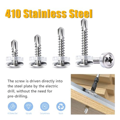 weideer 1220pcs #8#10 Self Tapping Screws for Metal,410 Stainless Steel Sheet Metal Screws Assortment Kit, Truss Head Quick Tapping Self Drilling Screw with Rubber Washer (610 Sets) - size: SV 1220PCS #8#10 Kit