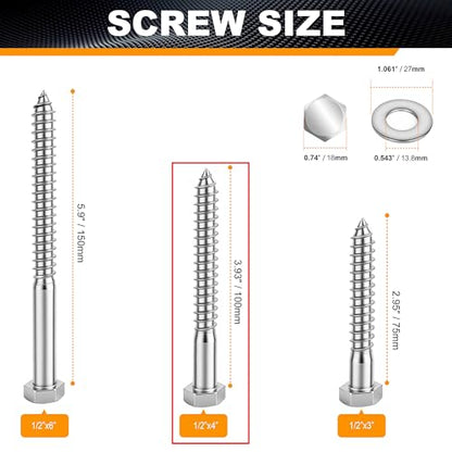 Hex Head Lag Bolts for Wood, Lag Screws 1/2" x 4",12 PCS - size: 1/2" x 4"