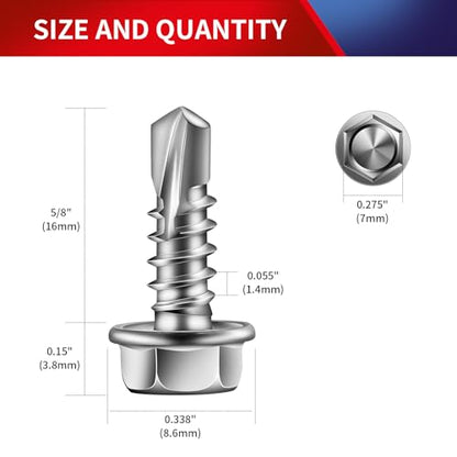 #8 x 5/8" Self Drilling Screws (235Pcs) Hex Washer Head 410 Stainless Steel Self Tapping Screws for Metal Sheet Metal Screws with Hex Socket Included - color: Silver, size: #8 x 5/8"