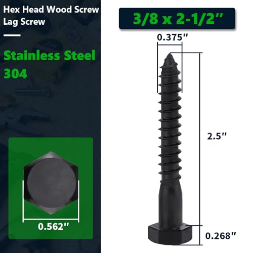 10-Sets 3/8 x 2-1/2" Black Hex Head Lag Screws & Flat Washers, Heavy Duty Wood Lag Screws, 304 Stainless Steel (18-8), 3/8" Bolt - size: 3/8 x 2-1/2