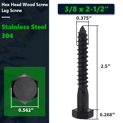 10-Sets 3/8 x 2-1/2" Black Hex Head Lag Screws & Flat Washers, Heavy Duty Wood Lag Screws, 304 Stainless Steel (18-8), 3/8" Bolt - size: 3/8 x 2-1/2