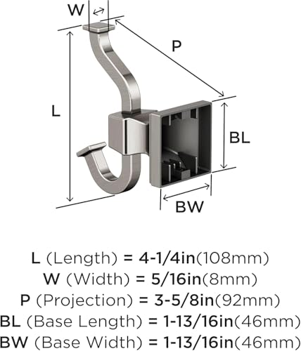 Amerock Mulholland Double Prong Brushed Nickel Wall-Mounted Hook - color: Brushed Nickel, size: Robe Hook
