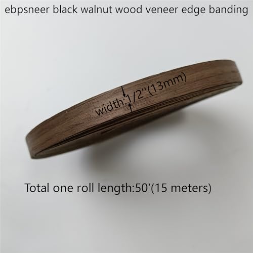 Real Black Walnut 1/2'' ×50' Wood Veneer Edge Banding Tape,Pre-glued Iron On Veneer Edging-Plywood Backed with Hot Melt Self Adhesive-Flexible Edging Strip for Furniture Cabinet Drawer Repair