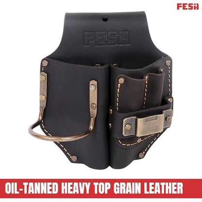 FESA Durable Leather Pliers Holster - Leather Double Plier Holder for Belt with Steel Hammer Holder, Tape Clip & 2 Carpenter's Pencil Pockets - Clip On Any Belt - Handcrafted - color: Brown