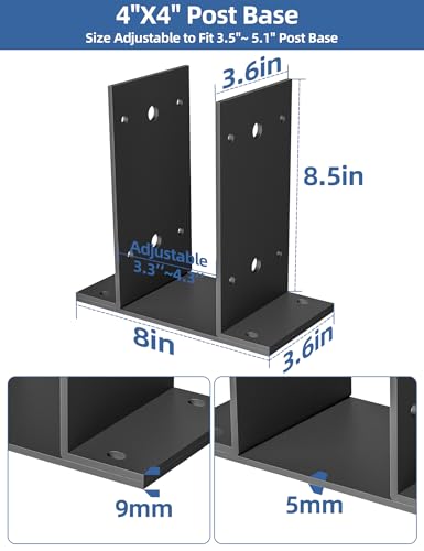 4x4 Post Base 3 Pcs,Heavy Duty Detachable Post Bracket with Adjustable Inner Size (3.6" x 3.3"-4.3"), Rust-Proof Powder-Coated Thick Post Anchor for Deck Railing, Fences, Mailboxes, Pavilions - size: 4 x 4 (3 PCS)