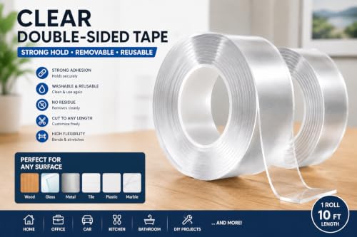 Double Sided Mounting Tape, Heavy Duty Clear Adhesive Tape, Removable Wall Mounting Tape for Home, Office, Crafts & DIY, 3m x 3cm, 1mm Thick