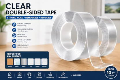 Double Sided Mounting Tape, Heavy Duty Clear Adhesive Tape, Removable Wall Mounting Tape for Home, Office, Crafts & DIY, 3m x 3cm, 1mm Thick