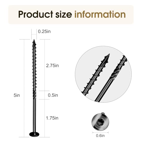Lag Screws 3 Inch, Structural Wood Screw #10x 3, 50-PCS Heavy Duty Construction Screw, Rust Resistant, Washer Head, Black Coated Exterior Wood (50, Black, #14 x 5) - color: Black, size: #14 x 5"