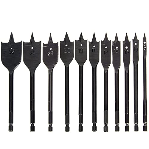 11pc SAE Spade Bits 1/4"-1-1/2" - Flat Wood Boring Set for Fast Drilling
