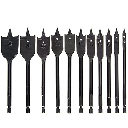 11pc SAE Spade Bits 1/4"-1-1/2" - Flat Wood Boring Set for Fast Drilling