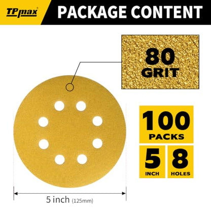 100PCS 5 Inch 80 Grit 125mm 8 Hole Sanding Discs Sandpaper - Premium Gold Round Hook and Loop for Random Orbital Sander - Ideal for Wood, Metal, Automotive - style: 80 Grit - 100 Pack