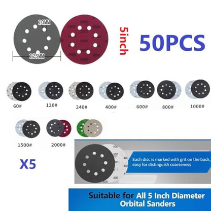 Sandpaper Hook and Loop 50 PCS 5 inch Assortment Sanding Discs Wet Dry 60 120 240 400 600 800 1000 1500 2000 3000 Grit, Orbital Sandpaper 125mm for Metal Wood Paint Automotive Polishing