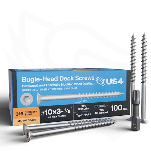 US4 - #10 x 3-1/8" Flat Head Screws Stainless Steel | Stainless Steel Wood Screws | T25 Star Drive | Self-Drilling Screws for Framing, Subflooring & Decking | 316 SS (100, #10 x 3.125 Inches) - size: #10 x 3-1/8"