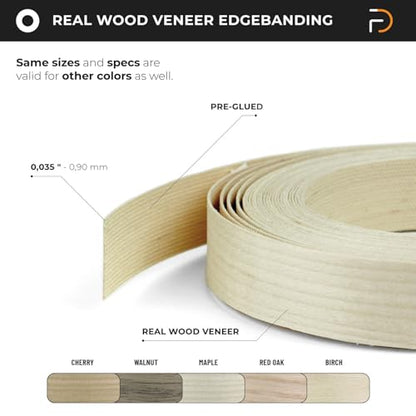 Furndiy Birch 7/8" x 50' Roll Pre-Glued Wood Veneer Edge Banding, Iron on Edge Band, Hot Melt Adhesive, Real Wood Edge Tape, Veneer Edging for Easy Furniture Restoration, Smooth Surface, Based in USA