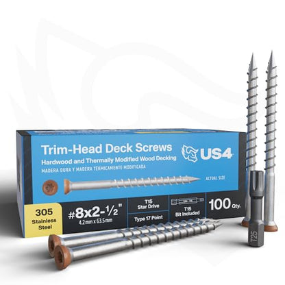 US4 - #8 x 2-1/2" - Tropical Timber Brown Wood Screws | 305 Stainless Steel | Trim Head T15 Star Drive | Rust & Corrosion-Resistant | Outdoor Decking Screws (100, #8x2.5-2.5Inches) - size: #8 x 2-1/2"