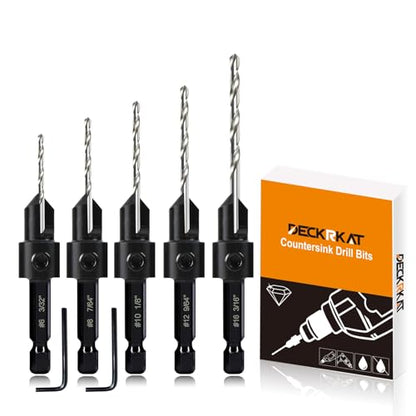 5-pc Woodworking Countersink Counterbore Drill Bit Set 3in1 for #6 8 10 12 16 Screws, M2 Pilot Drill Bits Adjustable Depth, 82-Degree Chamfer with Stop, 1/4” Hex Shank, Includes 2 Allen Wrenches - size: 5Pack Countersink Drill Bits