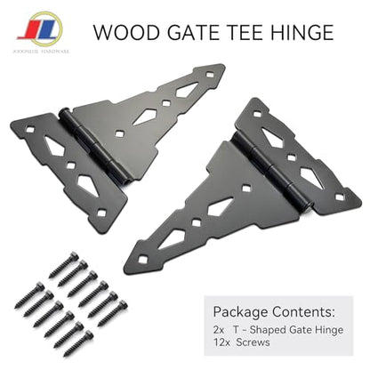 Gate Hinges, Heavy Duty T-Hinge, Wood Fence, Black - style: Wood Gate T