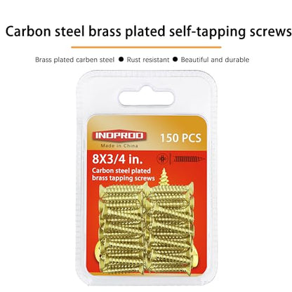 #8 x 3/4" Wood Screw, Phillips Flat Head Self Tapping Screws, Brass Plated Carbon Steel, Brass Plated Screws for Wood, Wood Screws #8 X 3/4 Inch, 150Pcs - size: #8 × 3/4"